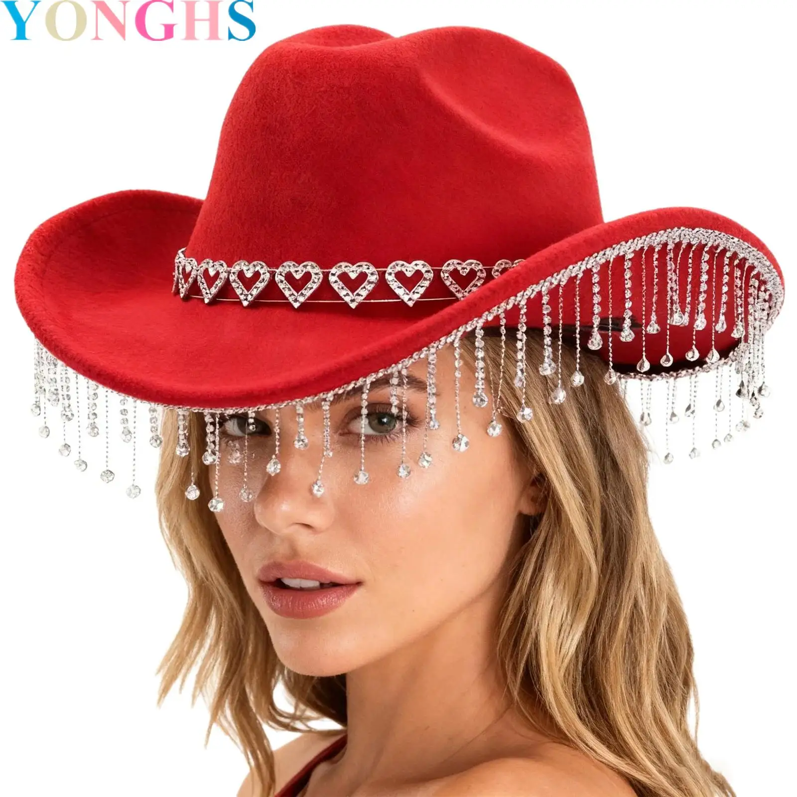 

1Pcs Halloween Cowgirl Hat Western Rhinestones Tassel Decor Cowboy Hat Fedoras for Women Men