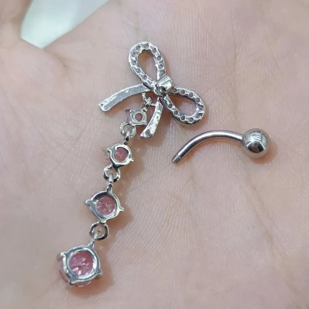 Stainless Steel Bow Belly Button Piercing Heart Shape Pink Zircon Belly Button Ring Copper Navel Rings Body Jewelry