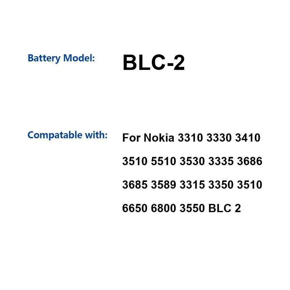 

Аккумулятор мобильного телефона Blc-2 800 мАч для Nokia 3310 3330 3410 3510 5510 3530 3335 3686 3685 3589 3315 3350 6650 6800 3550