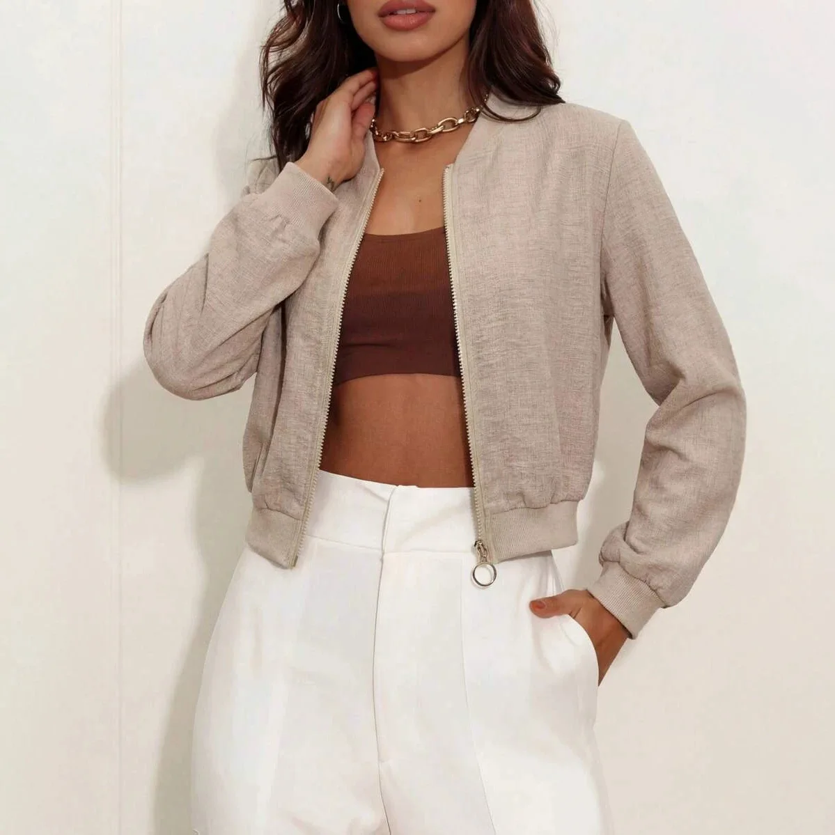 

2026 Fashion Simple Jacket Long Sleeve Solid Color Zipper Short Jacket Cardigan