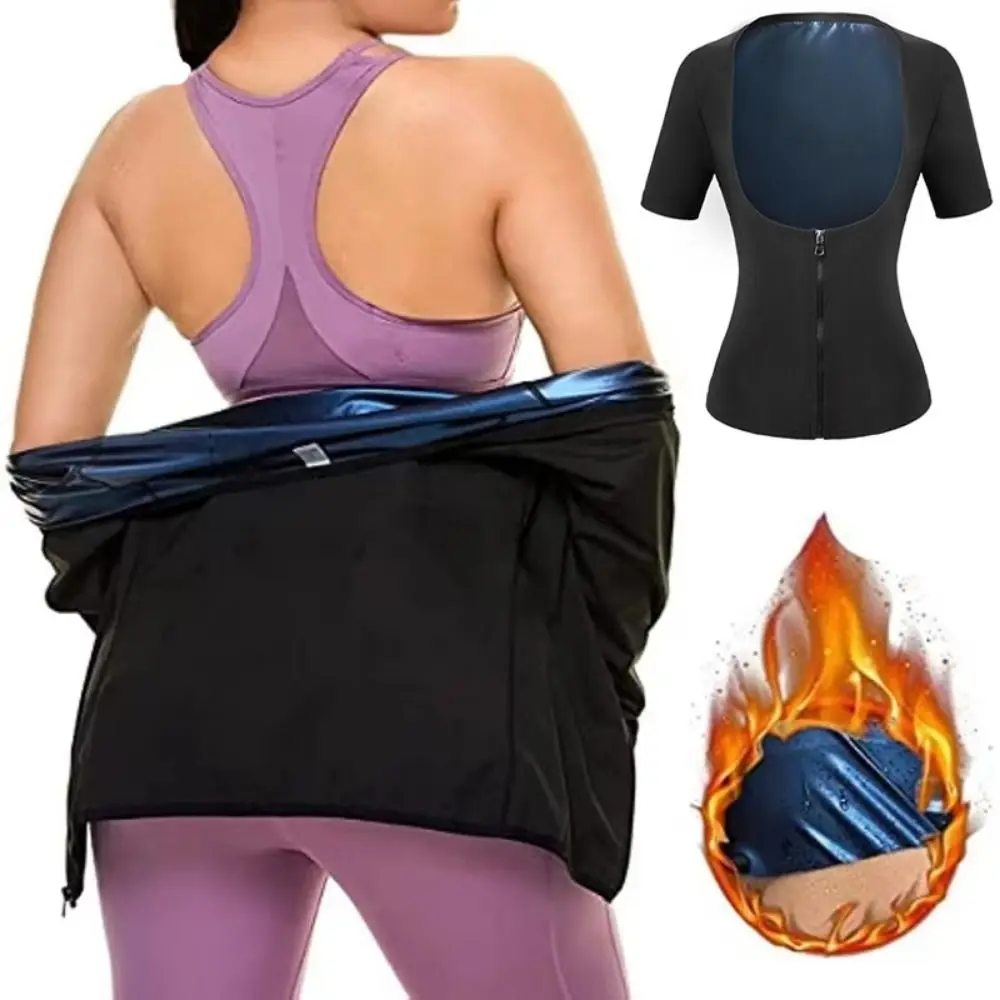 Heat Trapping Women Sauna Suits Short Sleeve Zipper Design Compression Shapewear Compression Push Up Sauna Sweating Shirts Gym