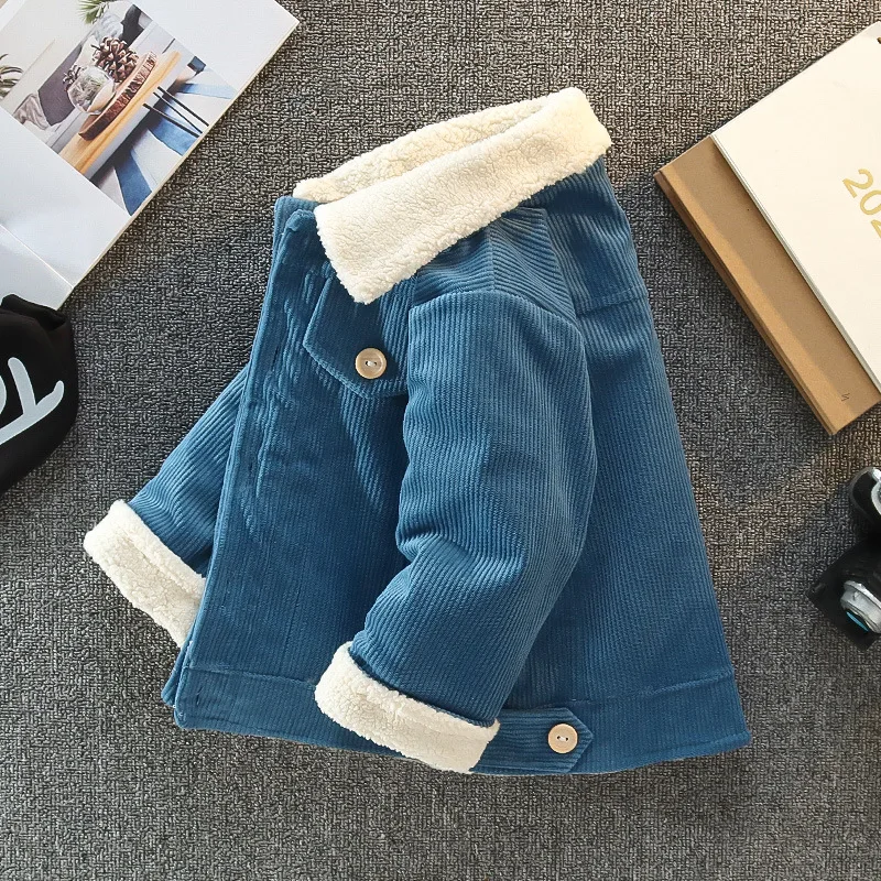 Unisex Winter-Wärmemantel für Kleinkinder Retro Cordstoff Flauschig Sherpa-Gefüttert Fleecekragen Knopfverschluss Vorne Kinderjacke – Detail 4