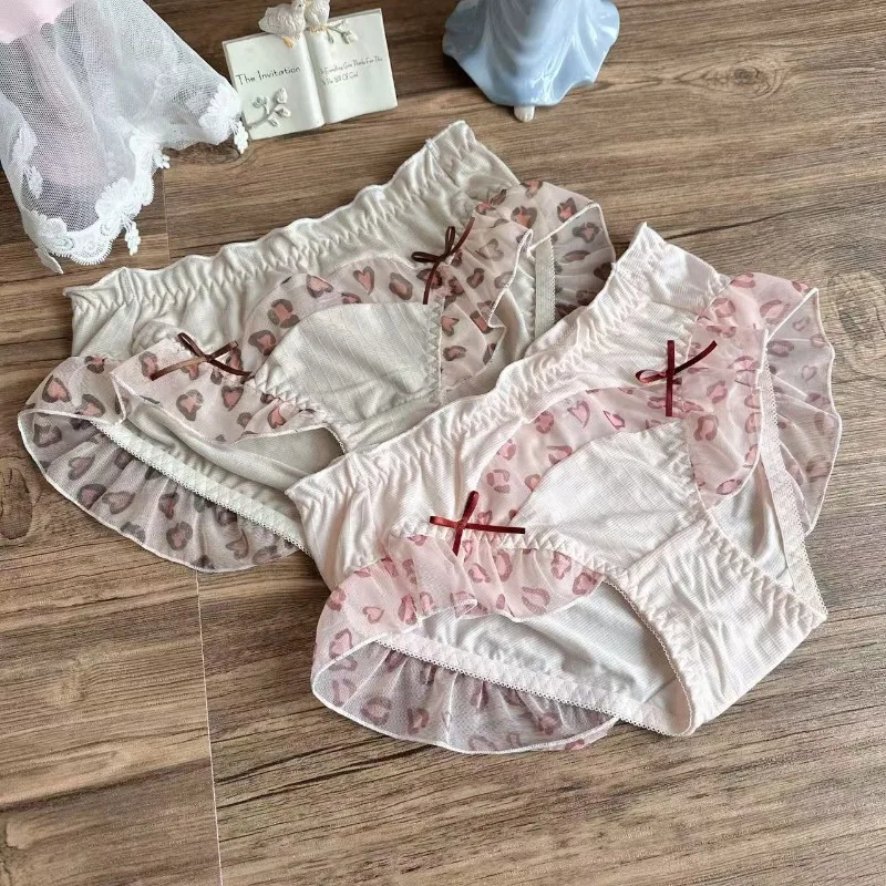 Women Ice Silk Cute Lovely Sweety Panties Leopard Print Ruffle Underwear Bow Breathable Seamless Elasticity Breifs