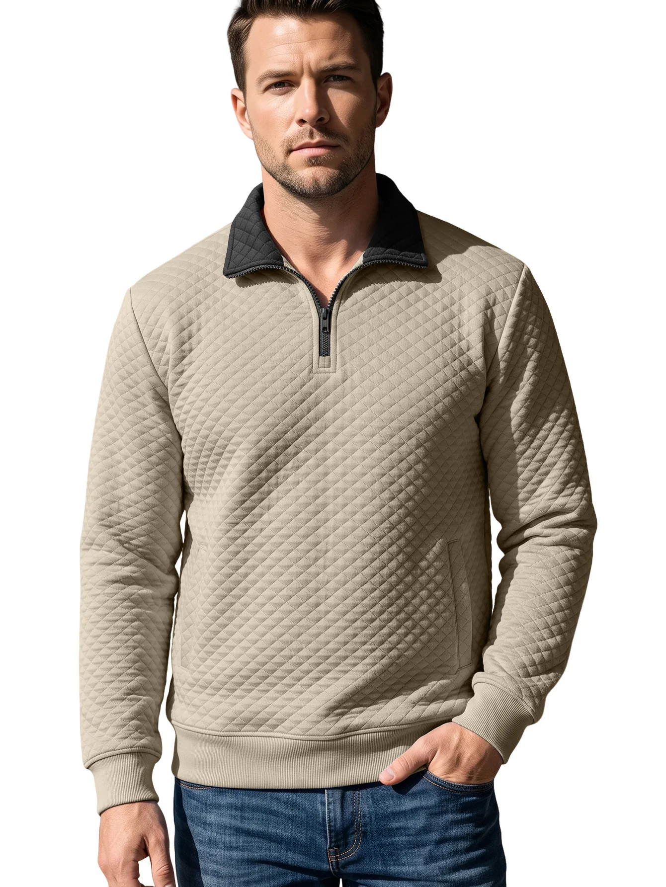 Men Argyle Color-coded Turn-down Collar Half Zipper Long Sleeve Casual Simple Pullovers New Fashion Male Trendy Basic Hoodies