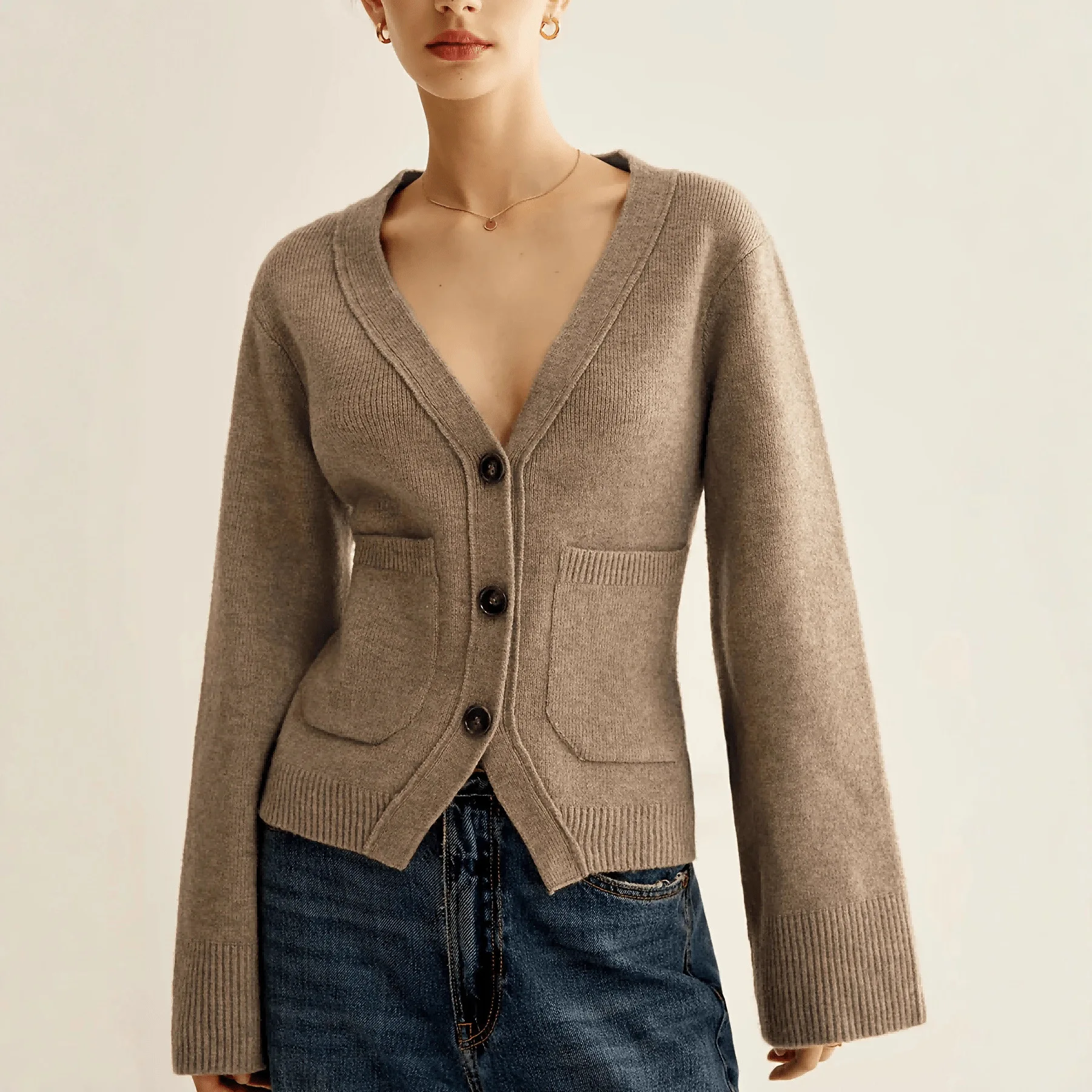 

2026 Spring New Knitted Cardigan Solid Color Front Buckle Simple Sweater Jacket with Pockets