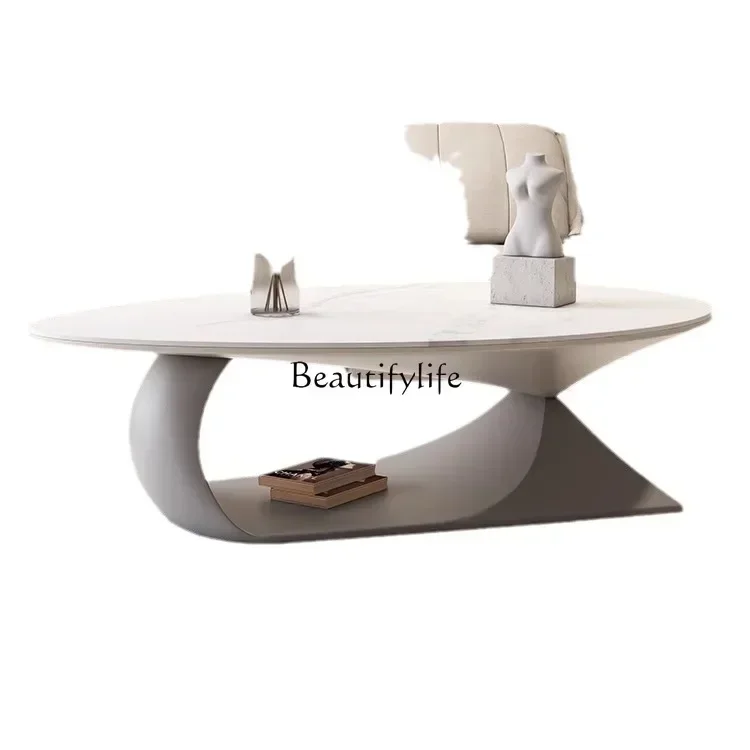 طاولة قهوة مستديرة كريمية بسيطة وحديثة على شكل خاص من الخشب الصلب لغرفة المعيشة طاولة قهوة فاخرة من ألواح الروك #2