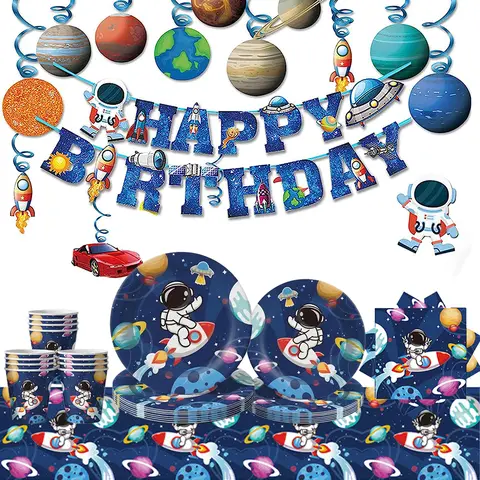 Outer Space Party Decoration Astronaut Rocket Plates Cups Banner for Kids Boys Galaxy Themed Birthday Party Baby Shower Supplies