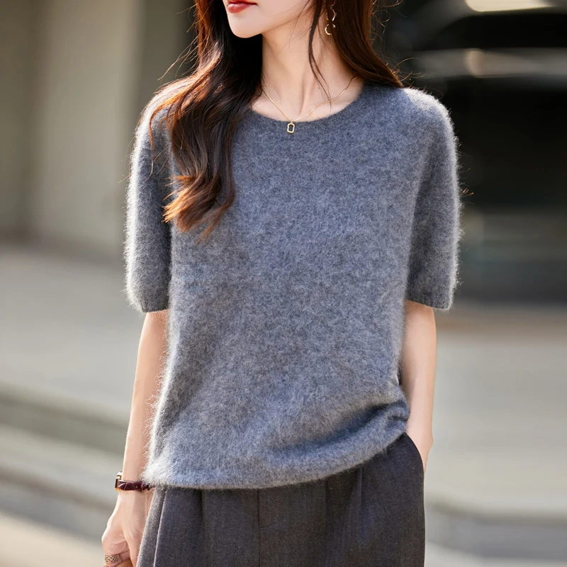 

35% Cashmere 65% Wool Brushed Round Neck 5-Sleeve Women's Clothes High-quality Short-Sleeved Pullover 2025 New Ssweater