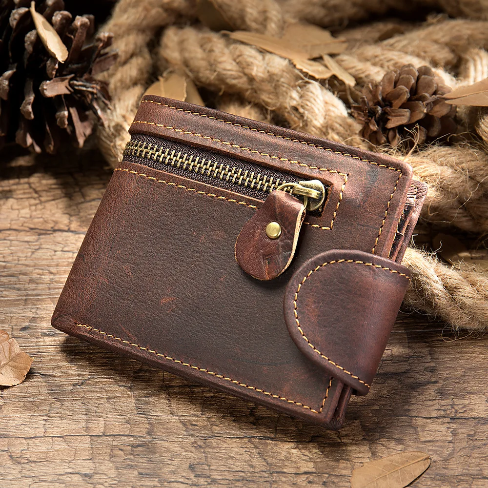 

Men's Crazy Horse Leather Short Wallet Genuine Leather Buckle Wallet Vintage Top Layer Cowhide Card Holder Multi-Card Wallet