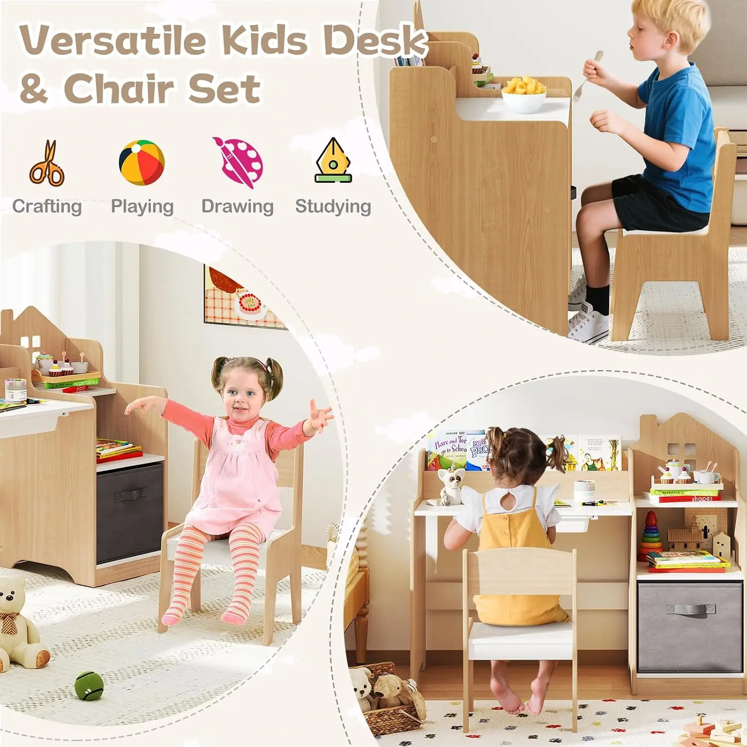 Kids Desk and Chair Set, Wooden Children Multi-Activity Table with Hutch, Bookshelf, Drawer & Fabric Storage Bin, Kids Table and Chair Set for Drawing, Writing, Crafts,37