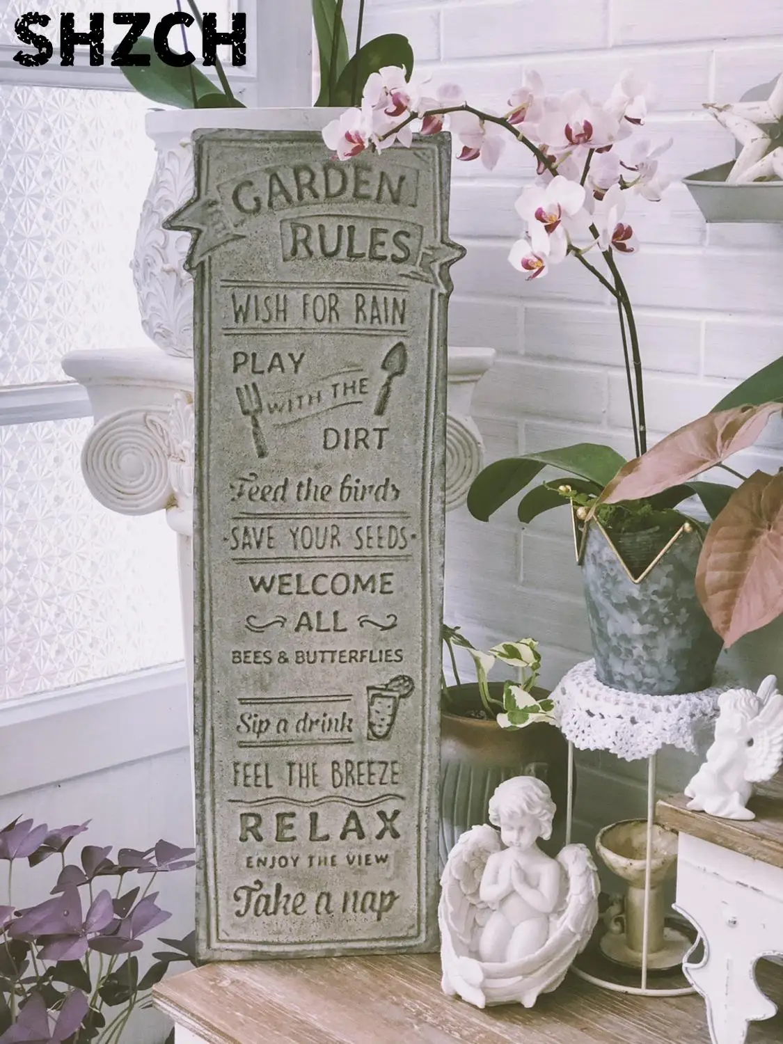 Vintage Garden Rules Wall Sign, Galvanized Metal Decorative Plaque, Gray, 23x66cm, Indoor Outdoor Decor for Garden Patio