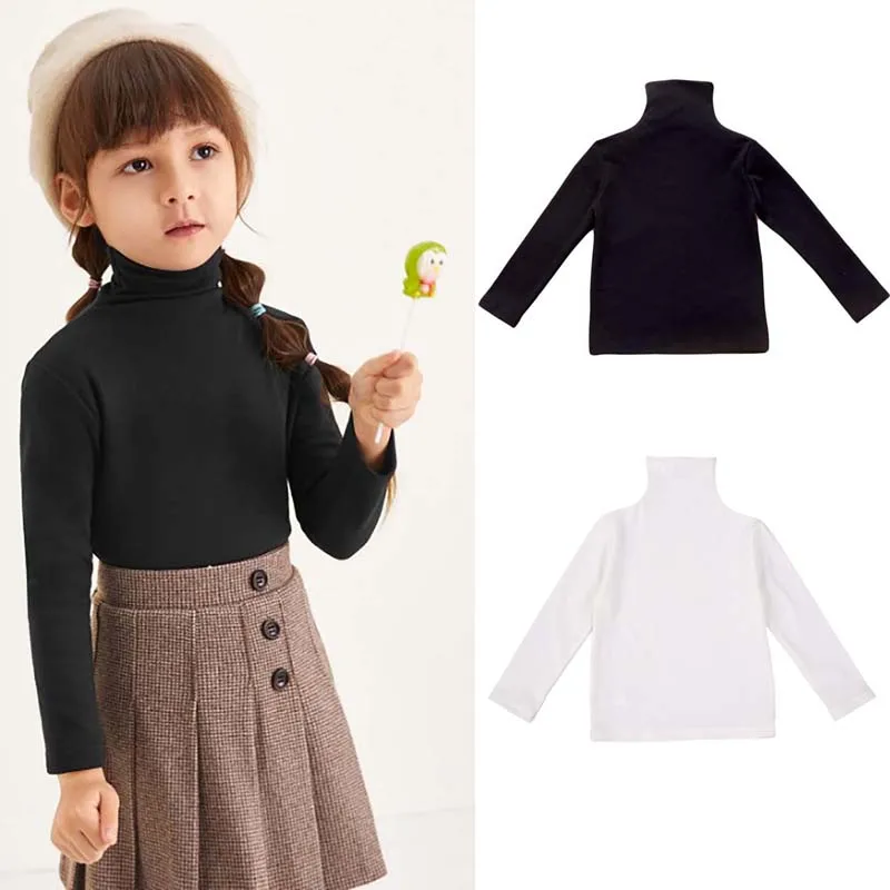 1-6years Girls Solid Black White High Neck T-Shirt Tops Girls Blouses Long Sleeve Casual Loose Fit Knitwear T-Shirts For Girls