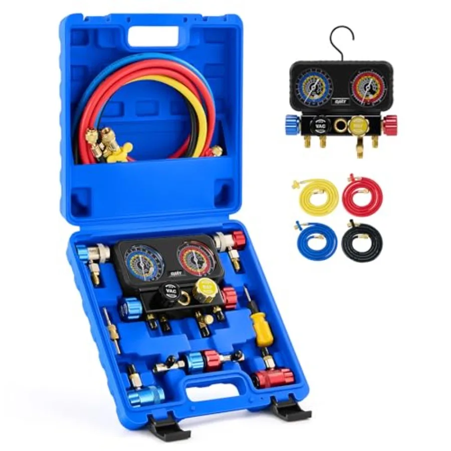 

AC Gauges, 4 Way Manifold Gauge Set for R1234yf R134a R404a Refrigerant, Automotive Gauge Set with Hoses Quick Couplers Self Se