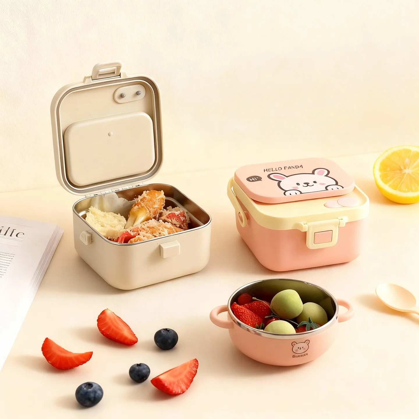 Handheld Cartoon Children's Lunch Box With Fork Spoon Microwave Safe Large Capacity Sealed 304 Stainless Steel Food Containers