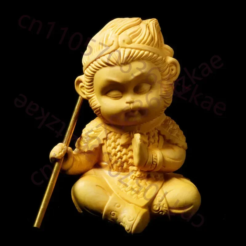 Solid Wood Carving Sun Wukong Chinese Mythical Character Sculpture Mini Statue