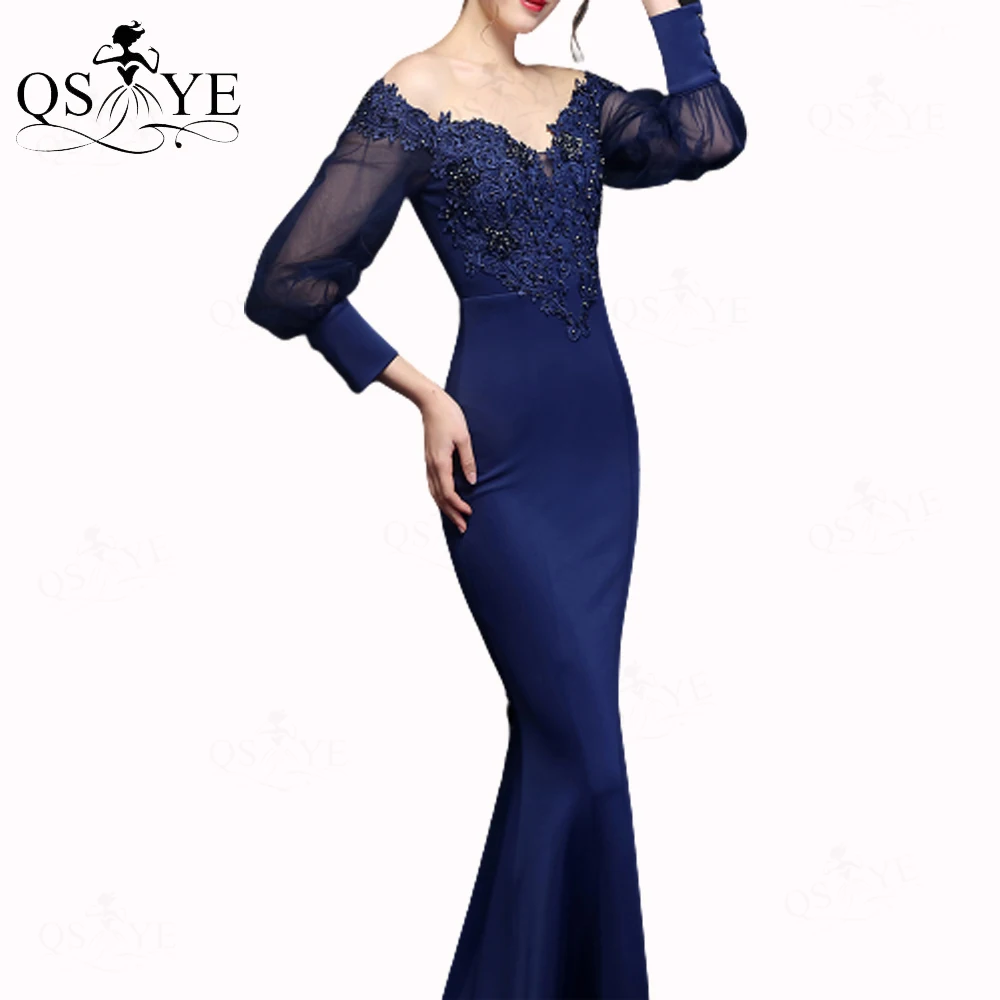 Gaun Prom Navy Gaun Malam Lengan Tulle Panjang Gaun Formal Satin Elastis Gaun Pesta Applique Renda Gaun Elegan Tanpa Bahu