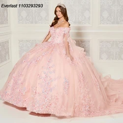 EVLAST Customized Pink Quinceanera Dress Ball Gown 3D Floral Applique Beading Cape Mexico Sweet 16 Vestido 15 De Años TQD211