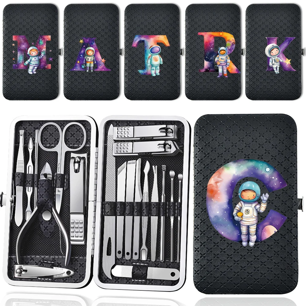 19 Pcs Nail Clippers Set Storage Box Versatile Nail Clippers Set Portable Nail Tools Kit Personal Care Astronaut Letter Pattern