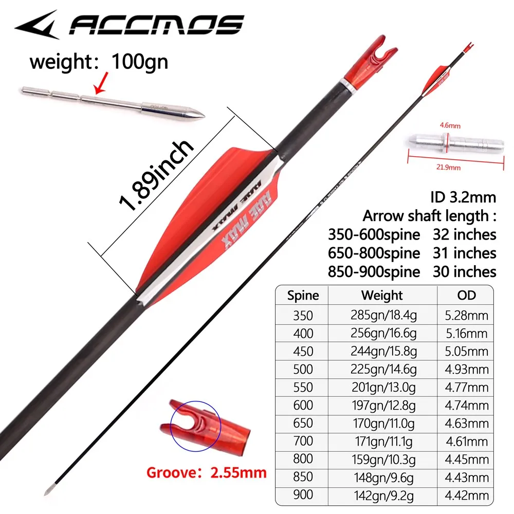 6-12pcs ID 3.2mm Spine 350 - 1000 Pure Carbon Arrow Straightness 0.009 Archery Arrow For Compound /Recuvre Bow Shooting