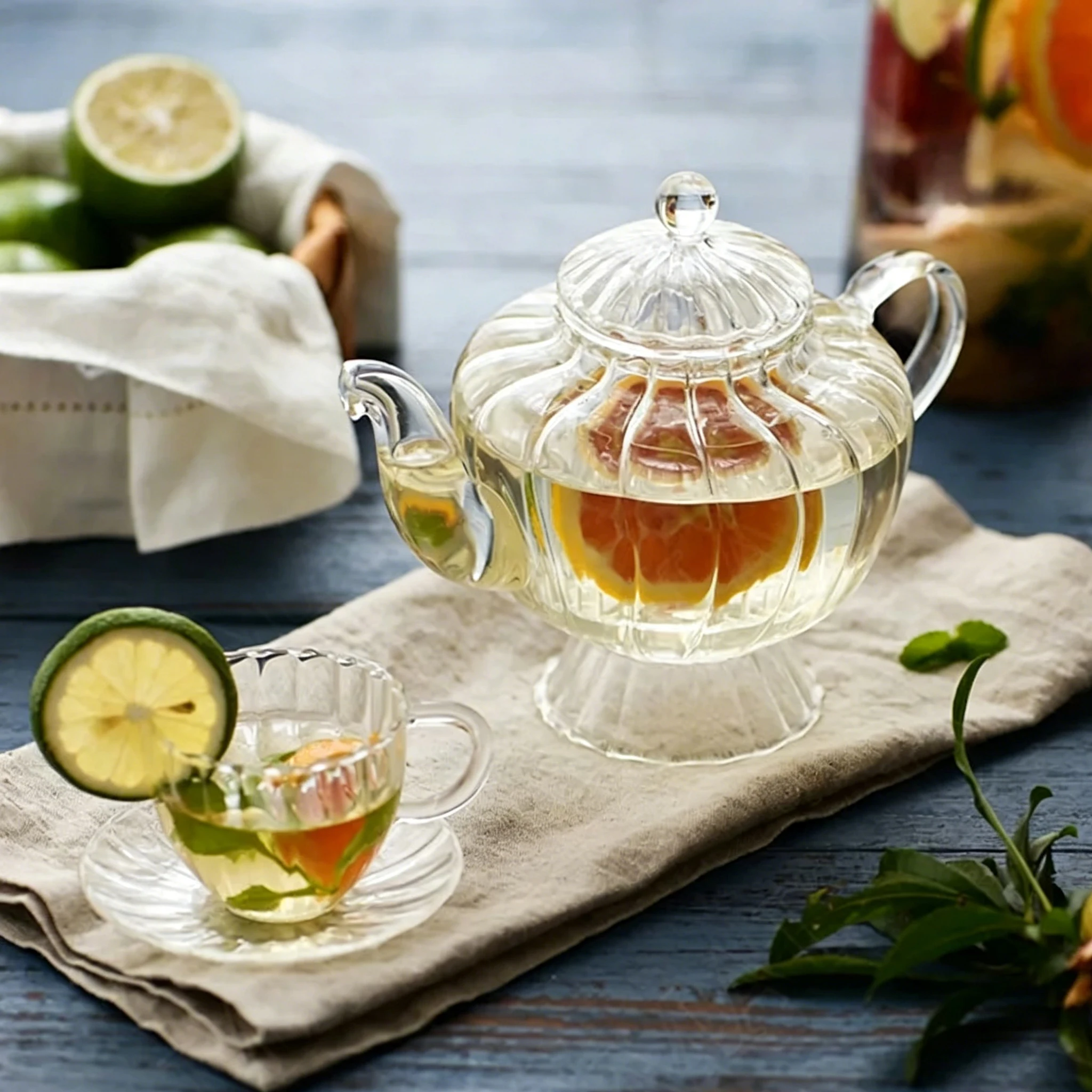 European-style Glass Teapot Transparent Relief Decoration Afternoon Teacups and Saucers Simple Home Decoration Teapot Supplies