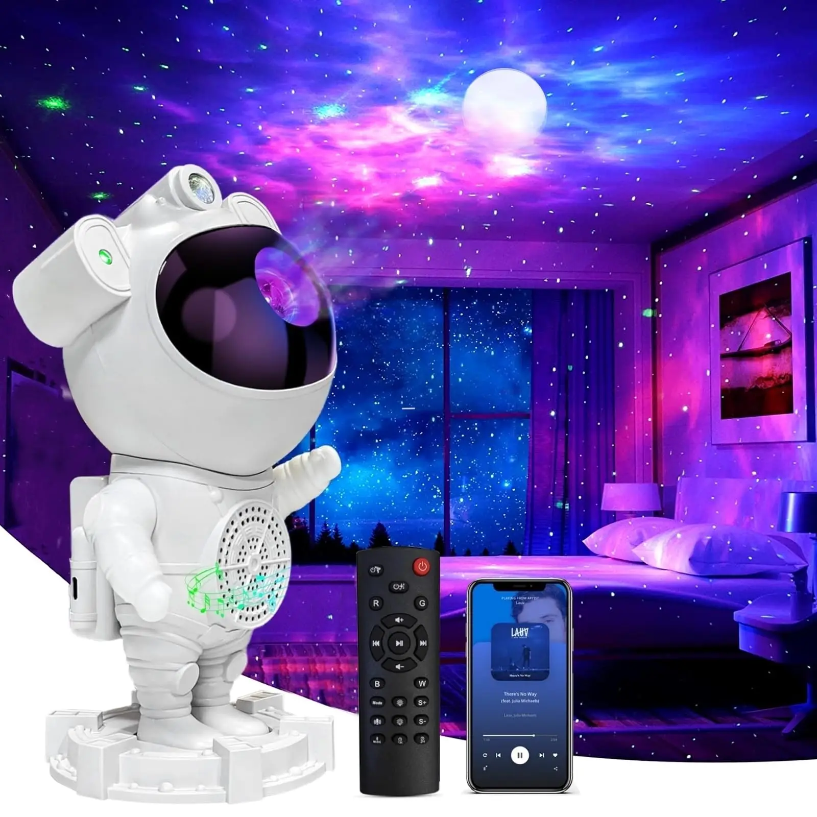 Projetor Galaxy Astronauta, alto-falante de música, ruído branco para dormir, mudança de cor ajustável 360 ° com controle remoto e temporizador para