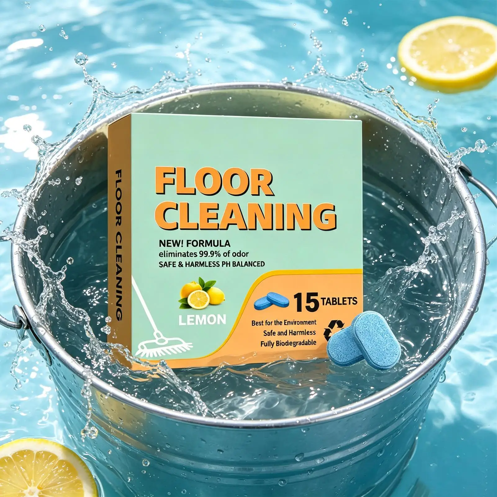 15PCS Floor Cleaning Mop Tablets Lemon Pet Safe Cleaner Streak-Free Multi-Surface Solution for Wood Tile Laminate, Home