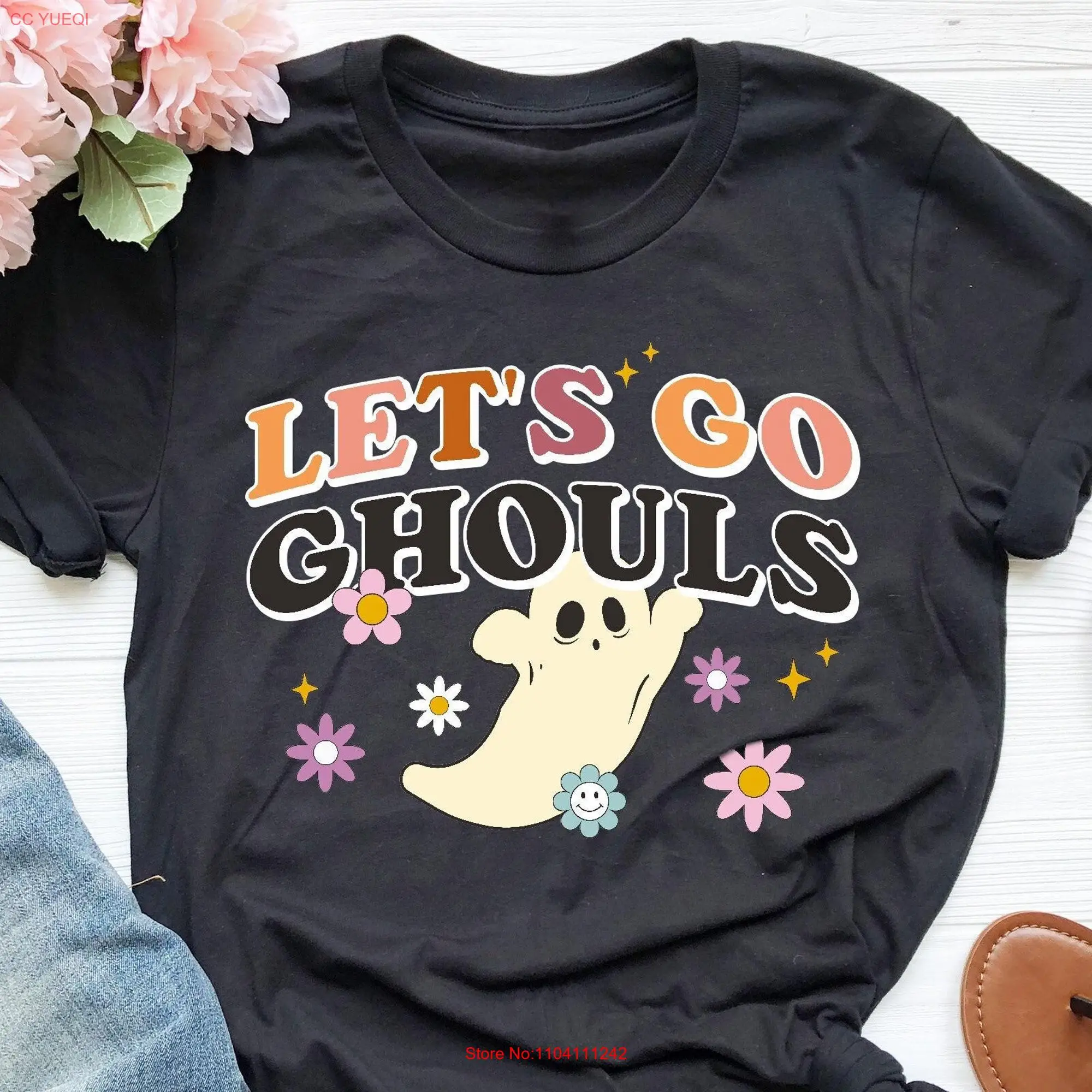 Ghosts T Shirt Halloween Let's Go Ghouls Retro Fall Spooky Season Funny Pumpkin long or short sleeves