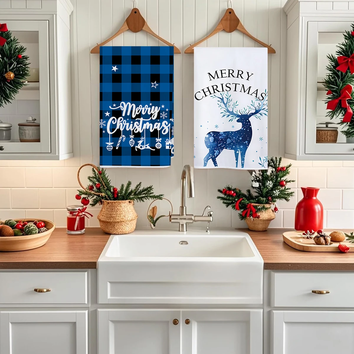 2/4 قطعة مناشف مطبخ عيد الميلاد، أزرق أسود شبكة الجاموس مزرعة شجرة عيد الميلاد شاحنة نمط أطباق، منشفة سهلة التنظيف #4