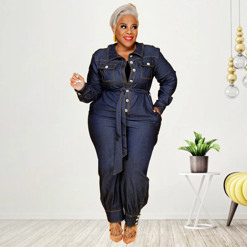 Ropa Para Mujer Plus Size Women's Denim Jumpsuit Belted Button-Up Long Sleeve Romper