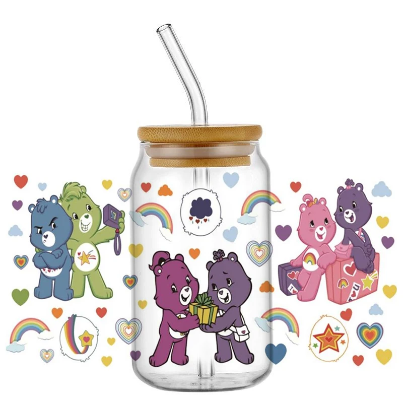 Personalize Disney Bear 3D UV DTF Cup Wrap Transfer Stickers For 16OZ Glass Can Bottle Selfadhesive Washable Decals