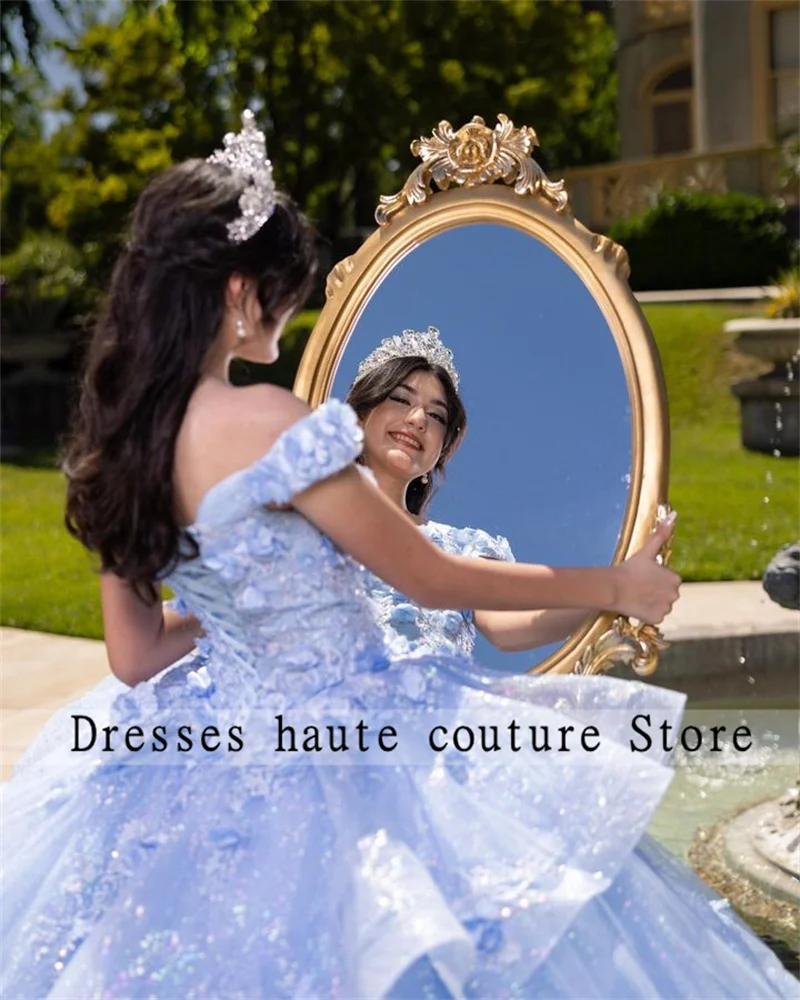 Sky Blue 3D Flower Ball Gown Quinceanera Dresses 2025 Appliques Beaded Ruffles Sweet 16 Dress Vestidos De 15 Años Customized