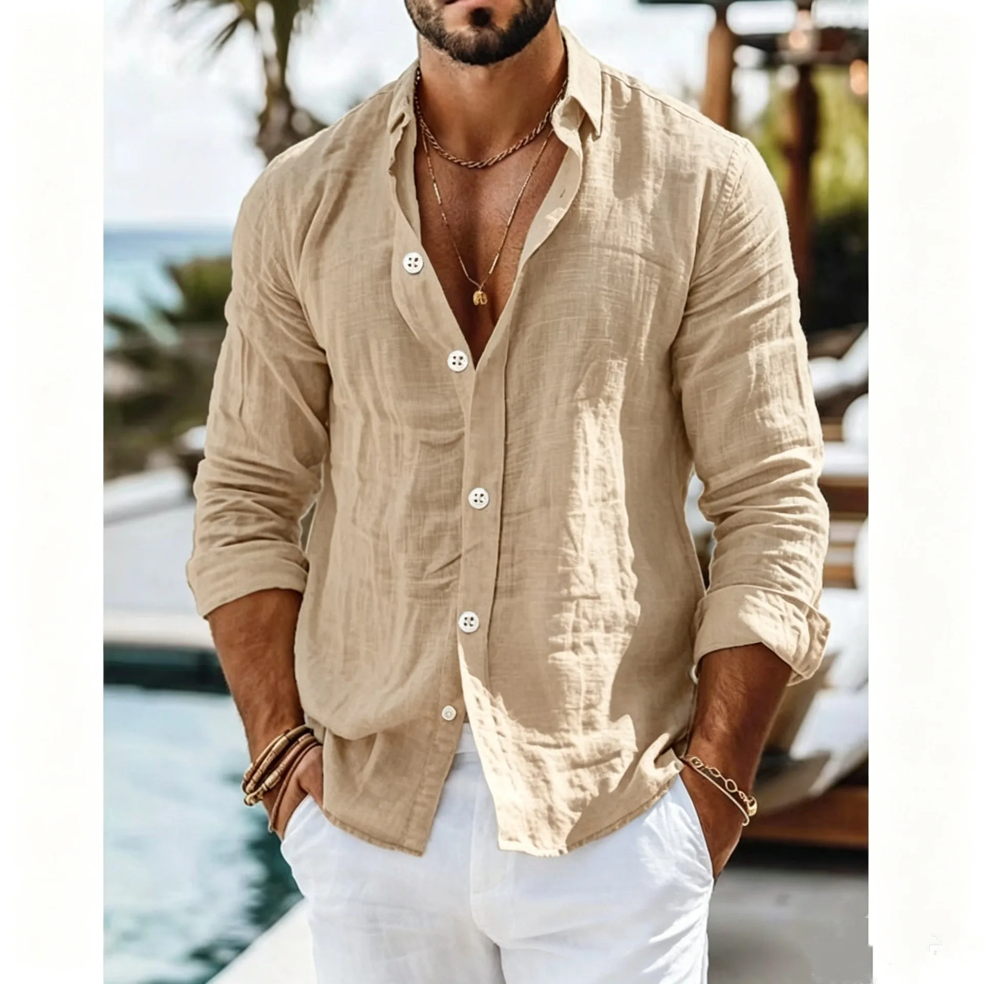 Casual Long Sleeve Shirt British with Notched Collar Patchwork Regular Thickness Pullover Blouse Men Shirts Spring