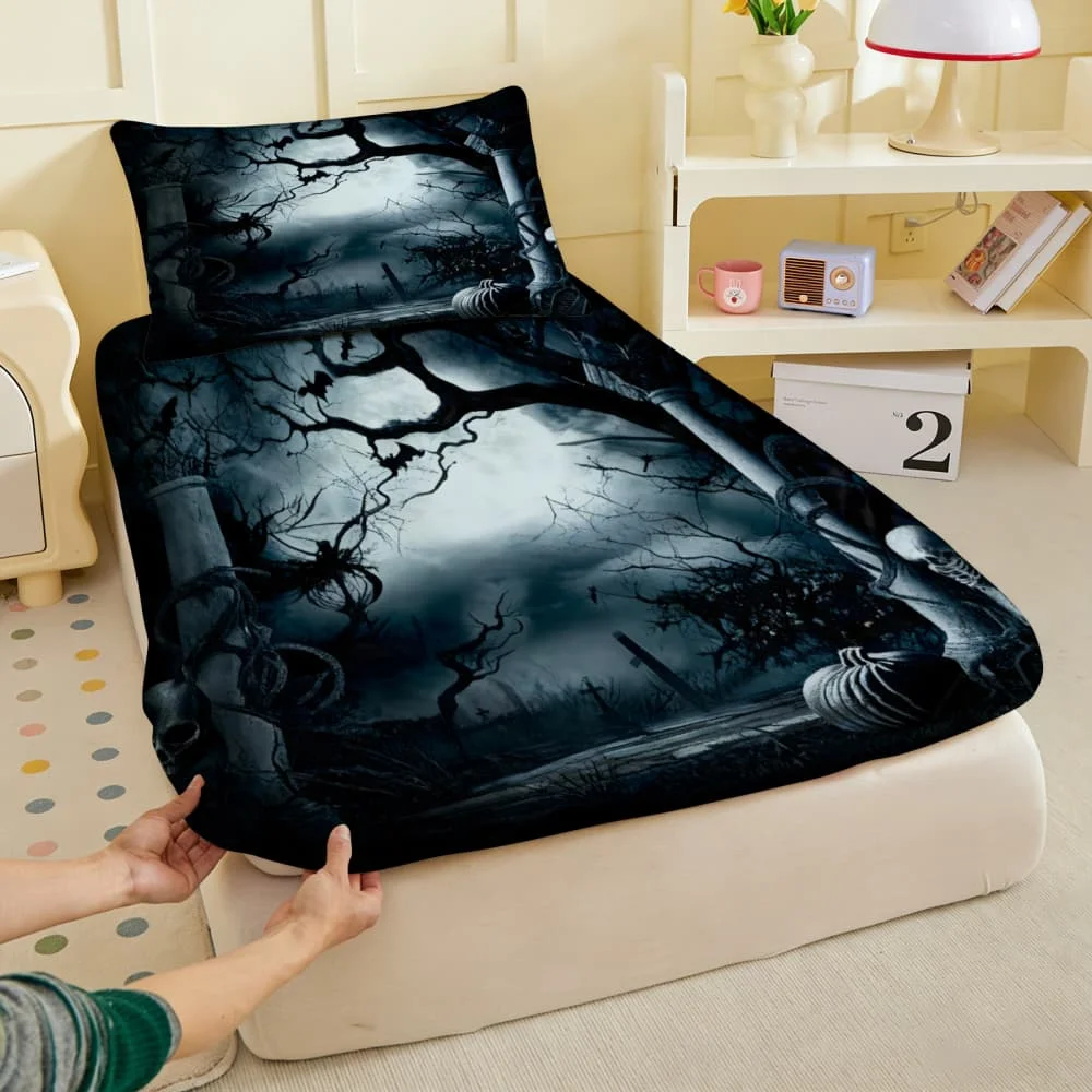 1pc Spooky Graveyard & Bat Print Fitted Sheet Deep Pocket Elastic Mattress Cover Single Double Queen King Bedroom Decor