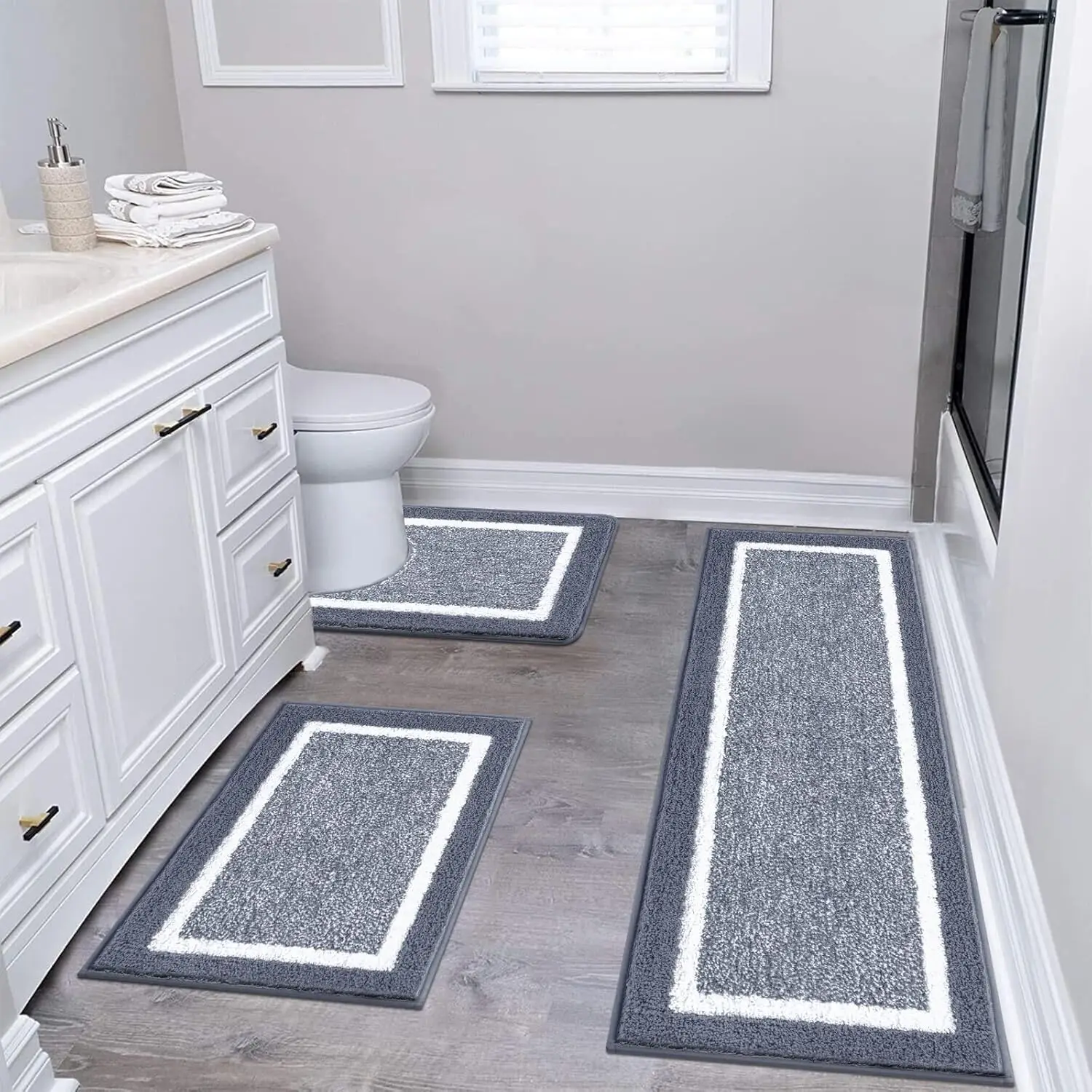 

3-Piece Microfiber Shaggy Bath Mat Set, Non-Slip Ultra Soft Absorbent Carpet for Bathroom Tub Shower Dark Grey