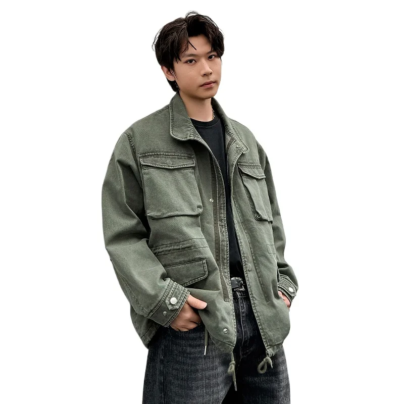 

American High Street Retro Stand Collar Multi-Pocket Turn-Down Collar Men's Short Jackets Workwear Solid Color Casual Male Tops
