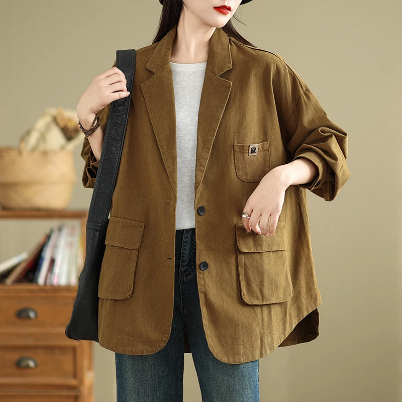 

Women's Spring Autumn plus Size Retro Workwear Suit Jaet Long Sve Medium Length Top Buttoned Pure Color Commute Sle