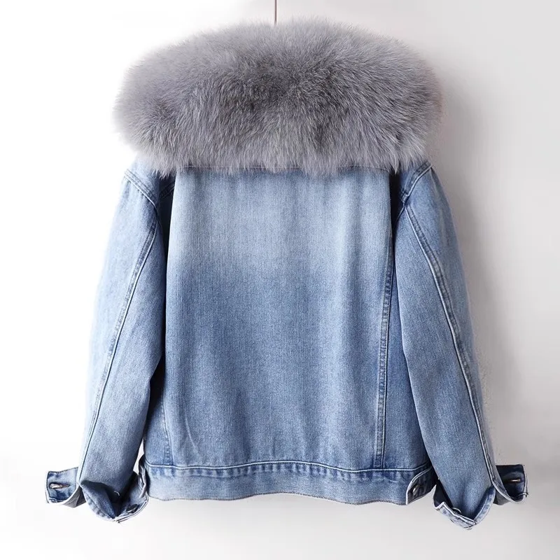 Winter Thick Real Fox Fur Collar Rabbit Fur Liner Denim Jacket Women Outerwear Vintage Blue Big Pocket Loose Jeans Jacket Female