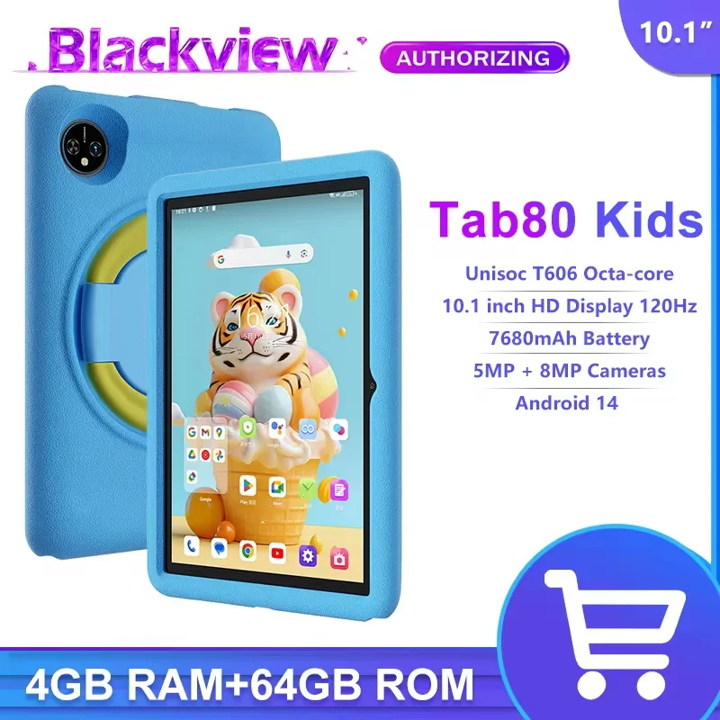 Blackview Tab 80 kindertablet 10,1 "HD 120 Hz display 4 GB 64 GB kinderen studeren WIFI 4G Android 14 tabletten 7680 mAh batterij