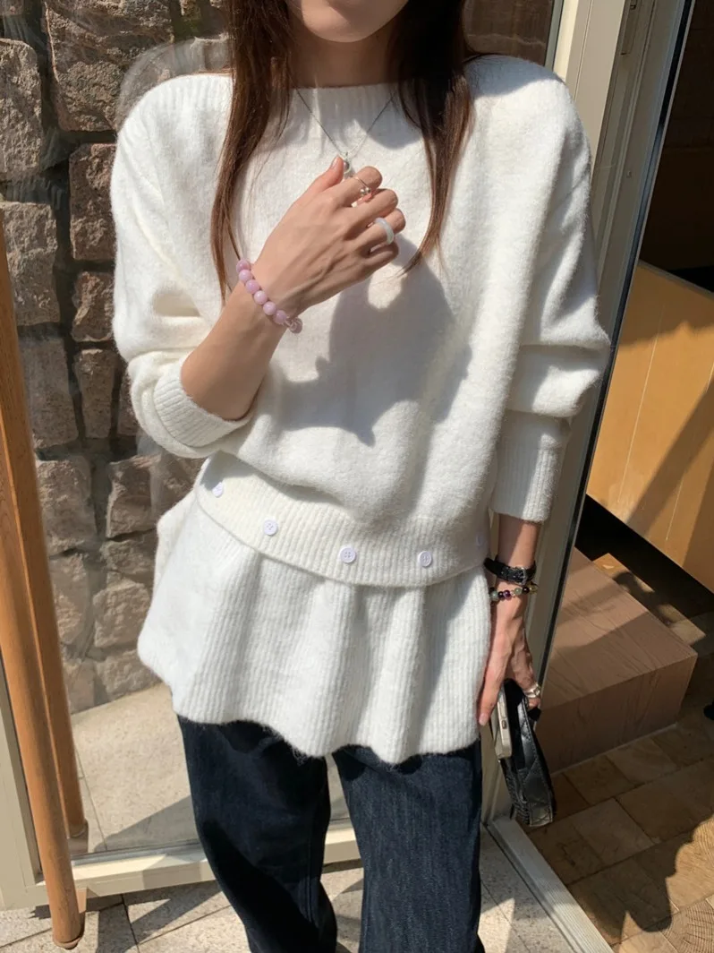 

Soft Cozy Women's Knitted Sweater with Detachable Hem Le Design Versatile Pure Color Winter New Arrival Casual Street Sle