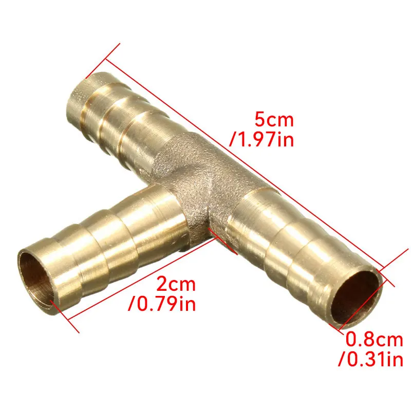 1pcs 6mm 8mm Solid Brass T Piece 3 Way Fuel Hose Joiner Connector Splitter For Air Oil Gas Fuel Fuids Brass Barb Pipe Fitting