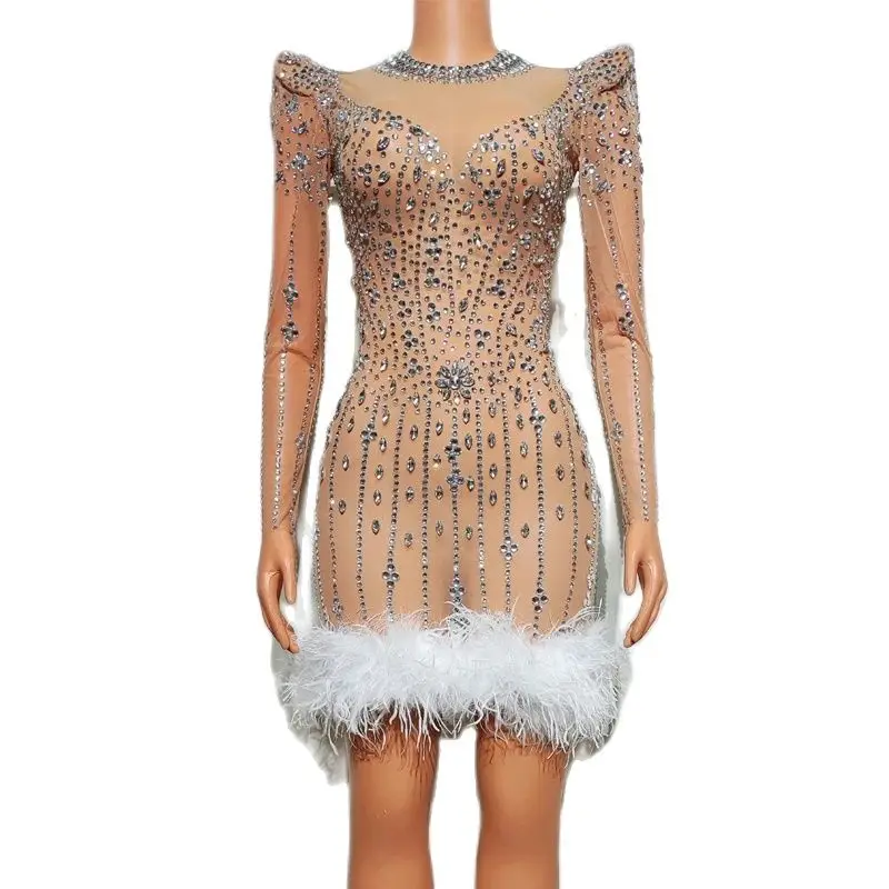 Robe de Soirée Sexy en Maille et Strass pour Femme, Tenue de Bar, Discothèque, Ds Dj, GKnitting, Festival, XS7995