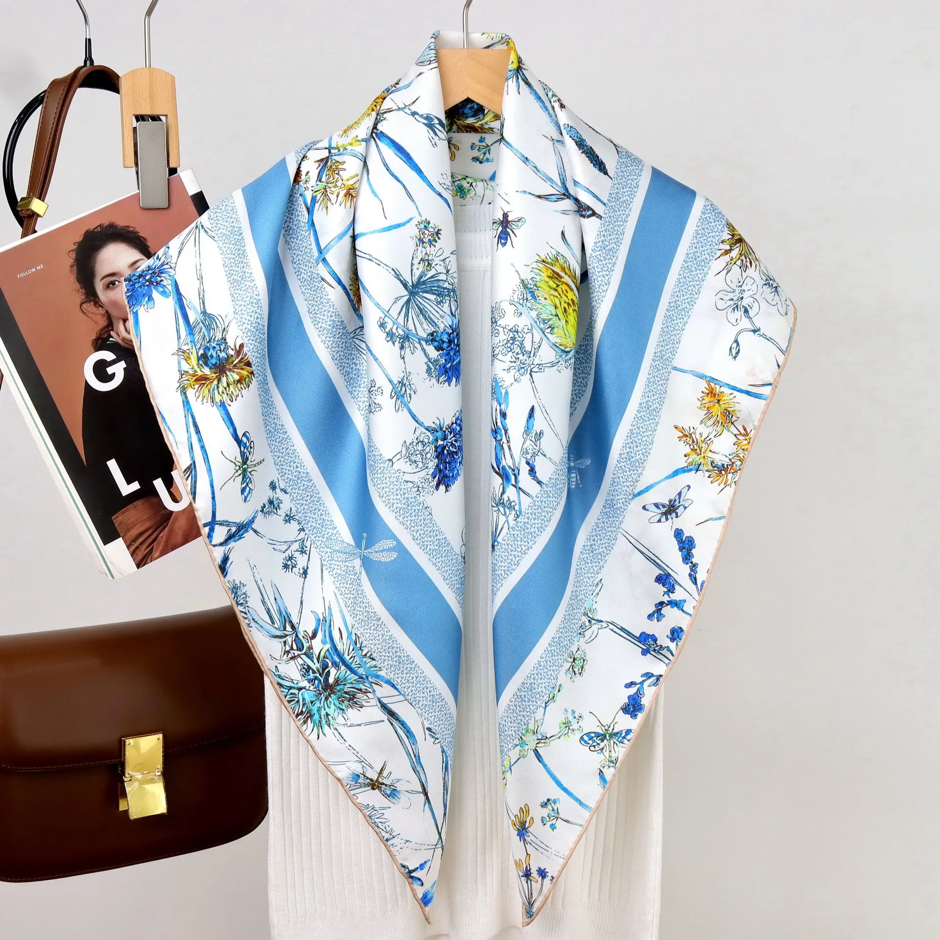 High-end Elegant Women's Dragonfly Garden Print Quality 14MM Twill 100% Mulberry Silk Hand Rolled Edge Large Square Scarf Shawl
