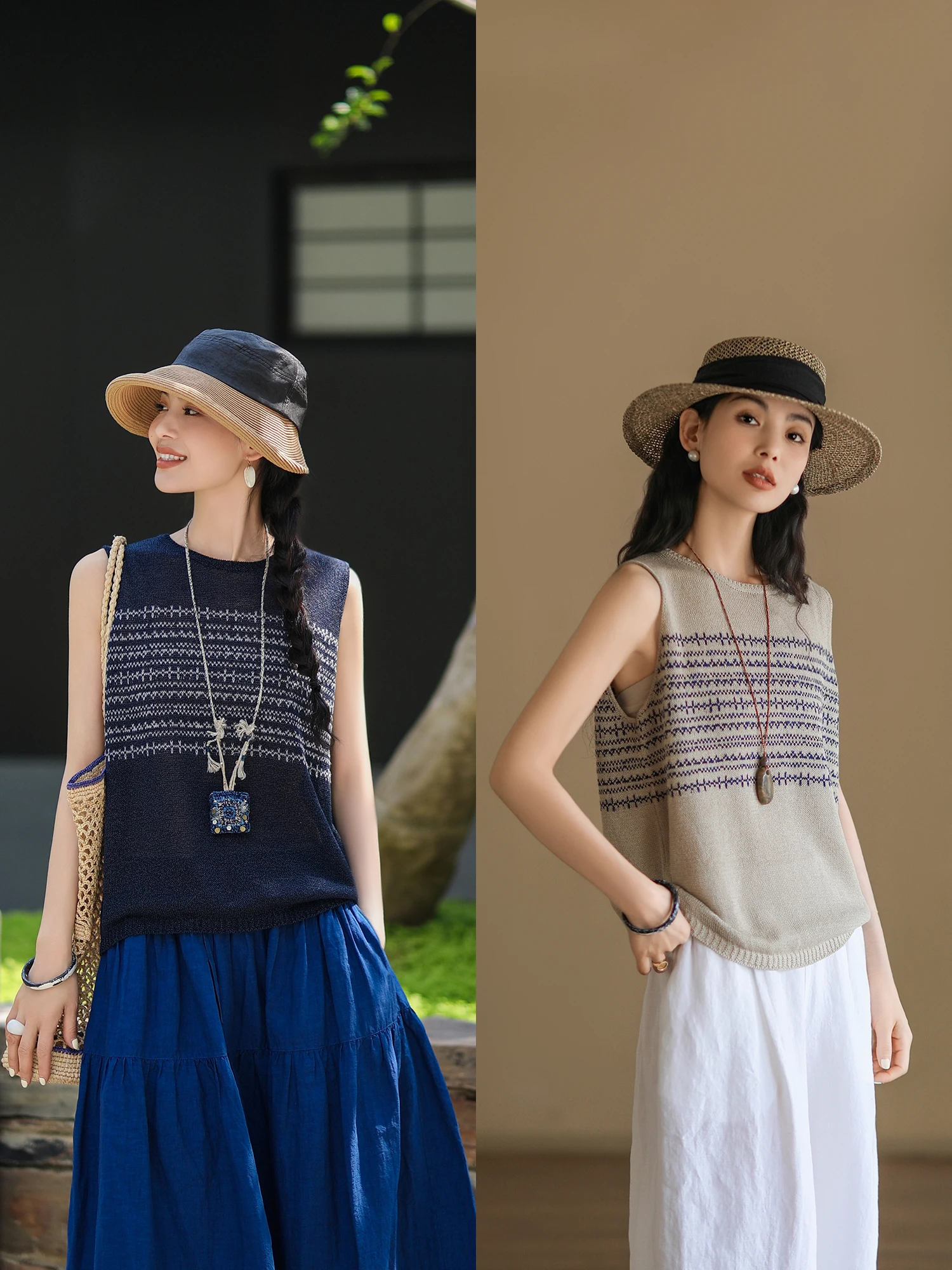 

Новая летняя свободная вязаная жилетка Mallin из шелковистой ткани с цветочным узором и круглым вырезом, художественная вязка.