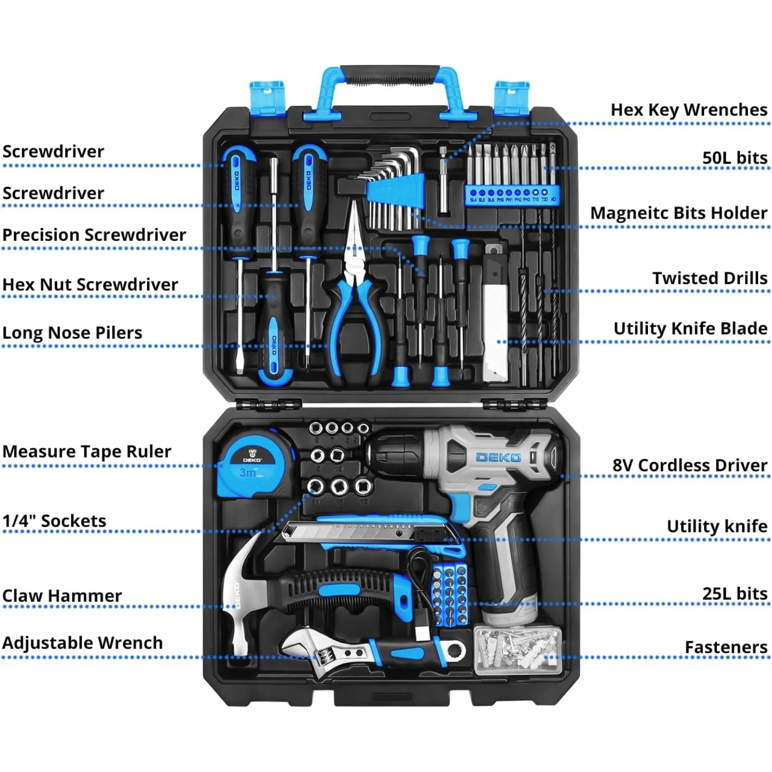 Drill Set: Tool Set with 8V Blue Cordless Drill, Home Tool Kit with Drill, Hand Tool Kits for Women 126 Piece