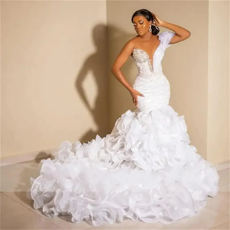 Customized  African Mermaid Beads Appliques Wedding Dresses Vestido De Noiva Sweep Train Organza  Cascading Ruffles Bridal Gown