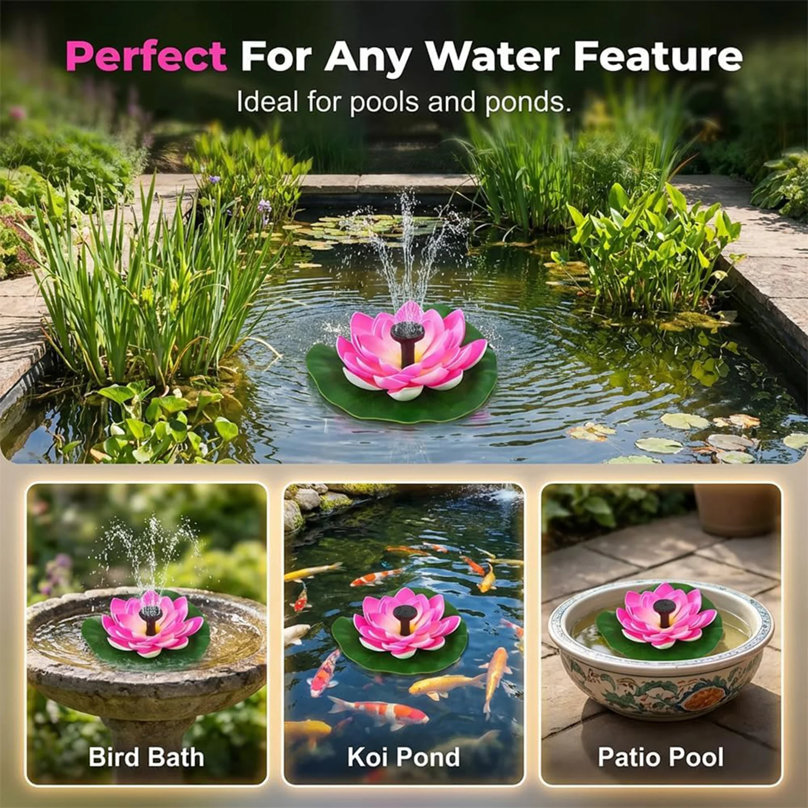 Solar Powered Bird Bath Multi-Use Small Fountain Interchangeable Spray Nozzles for Outdoor Features Ponds Home Cloudy Daily Use