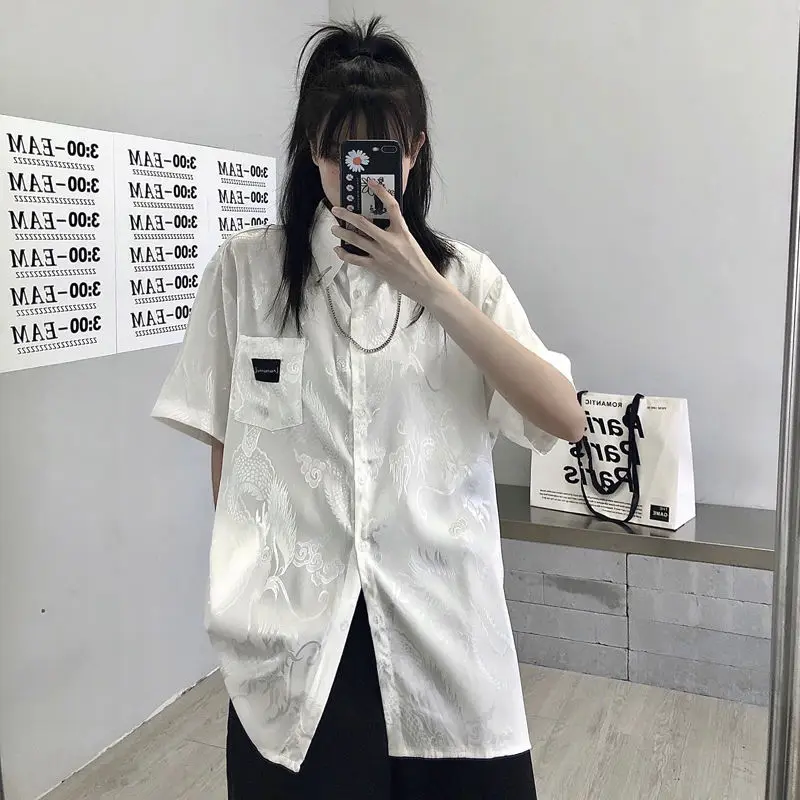 QWEEK Harajuku Blouse Women Vintage Streetwear Dragon Print White Shirt Oversized Short Sleeve Top Button Up Chinese Style Punk