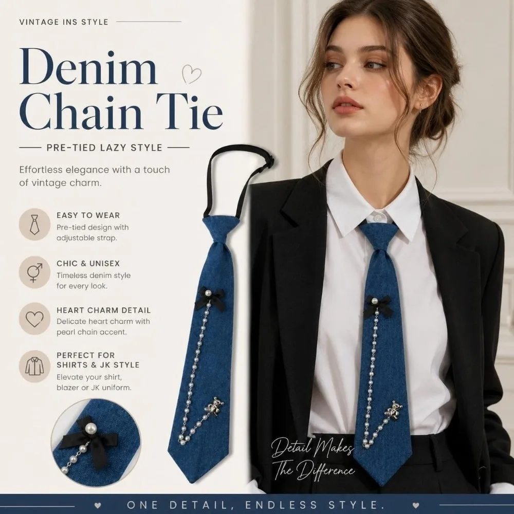 Cowboy Style Denim Pre Tied Necktie Beaded with Tassel Denim Chain Necktie Elastic Strap Adjustable Costume JK Tie‌