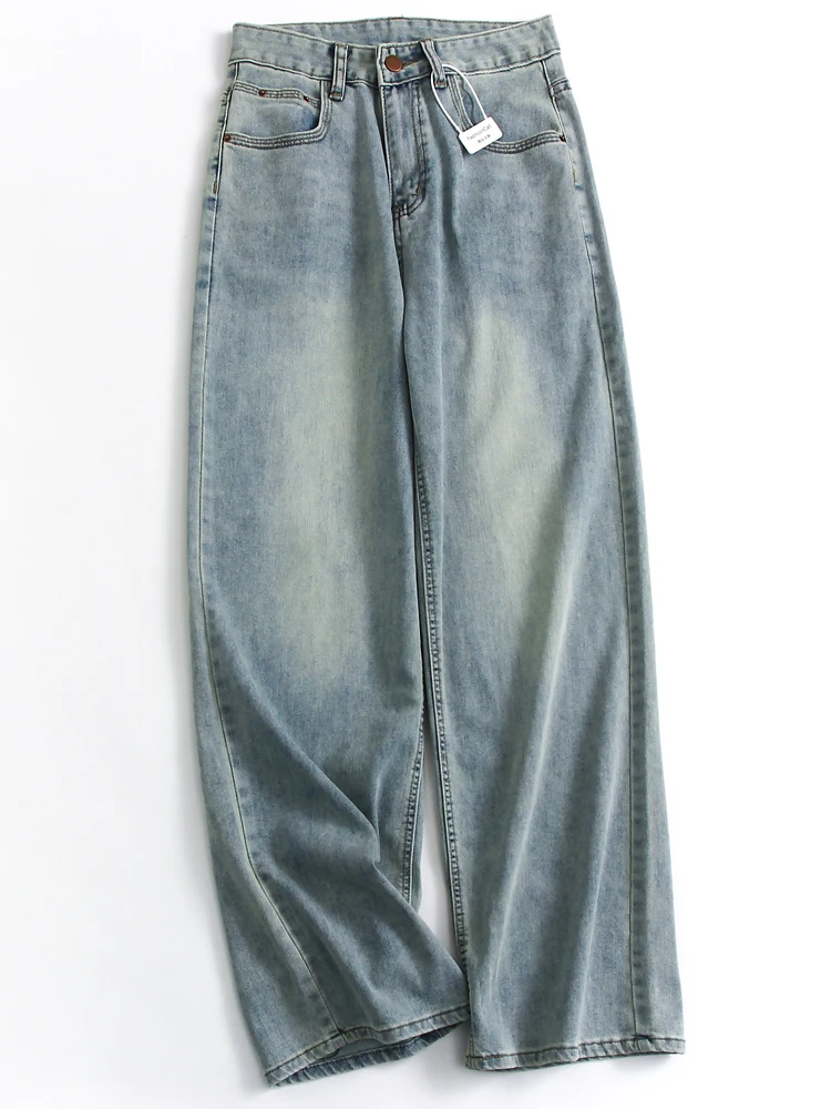 

Light Blue High Waist Straight Leg Jeans Women's Wide Leg Pants Floor-Length Casual Trousers Comfortable Stretch Denim