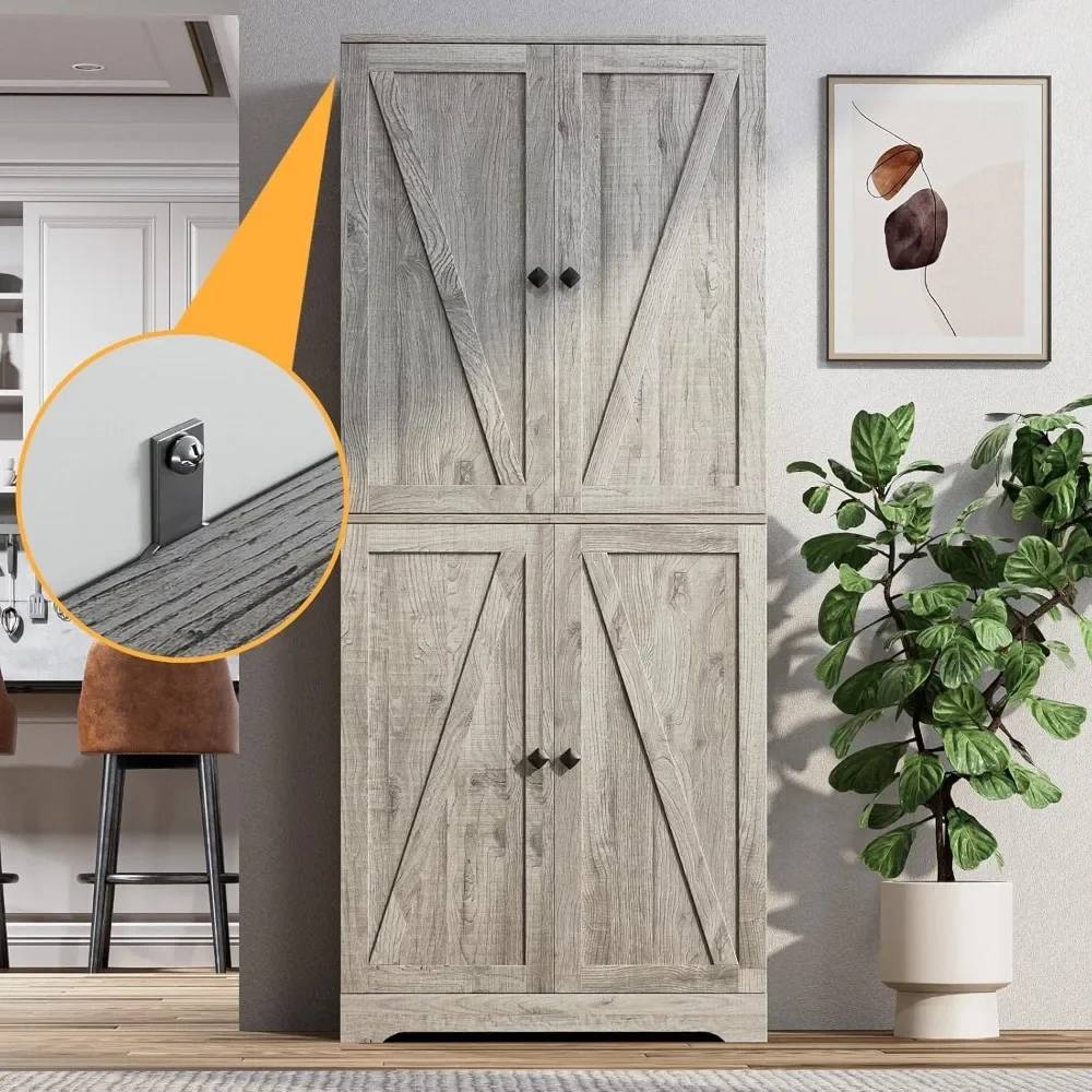 Farmhouse Storage Cabinet, Kitchen Pantry Cabinet with 4 Barn Doors, 72